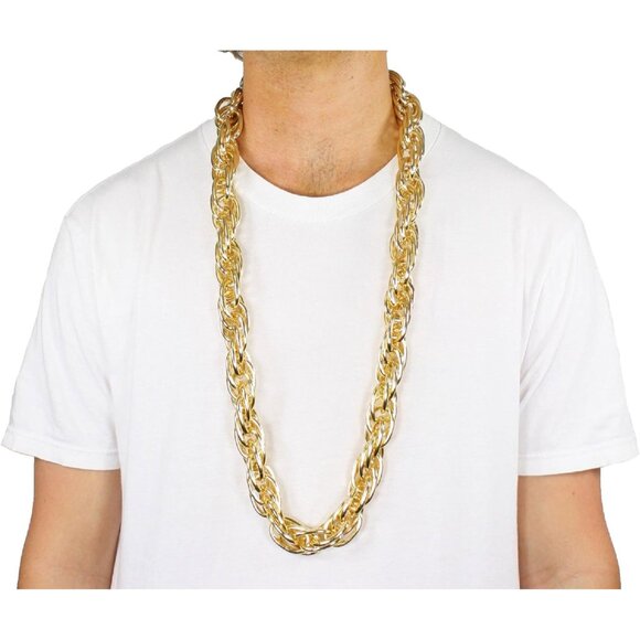Men's Golden Heavy Rope Chain Old School Rapper Costume Bling Necklace - Picture 1 of 2